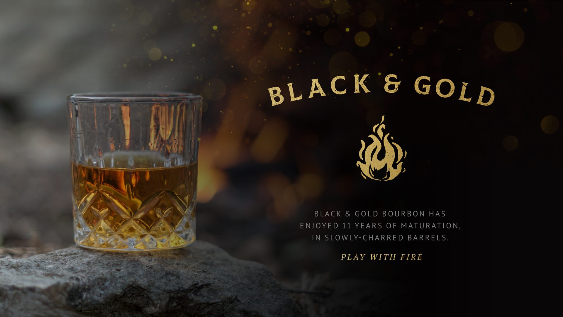 An advert design and branding for a bourbon whiskey brand, inspired by fire. 