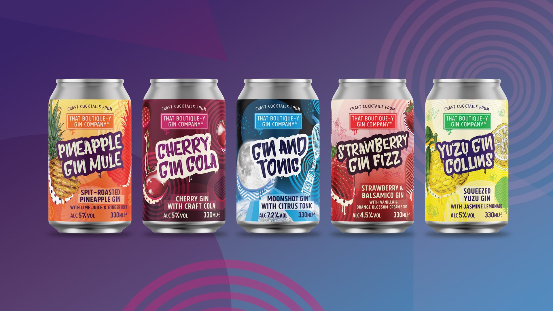 Colourful and vibrant label designs for a RTD craft cocktail range. 